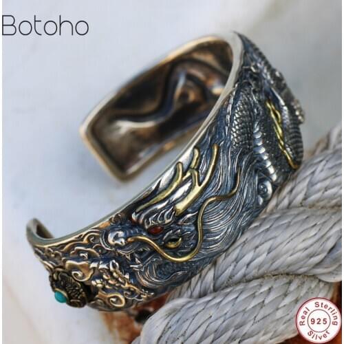 S925 pure silver colour dragon bracelet men wide personality bracelet retro ethnic style can be turned pure handmade men bangle