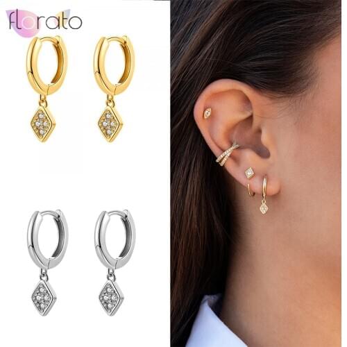 Real Simple 925 sterling silver Single Hoop Earrings For Women Dainty Pave CZ Rhombus Charm Huggie Hoop Earrings A30