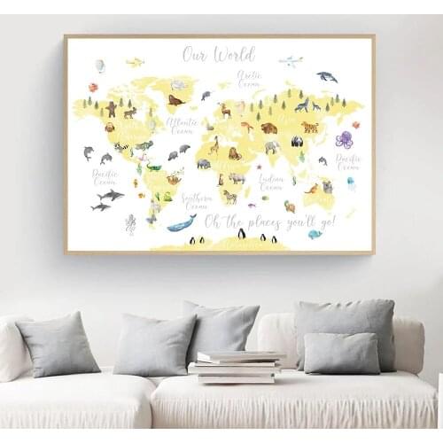 Educational Animal World Map Picture Children Poster Nursery Wall Art Canvas Print Painting Baby Kid Bedroom Playroom Home Decor