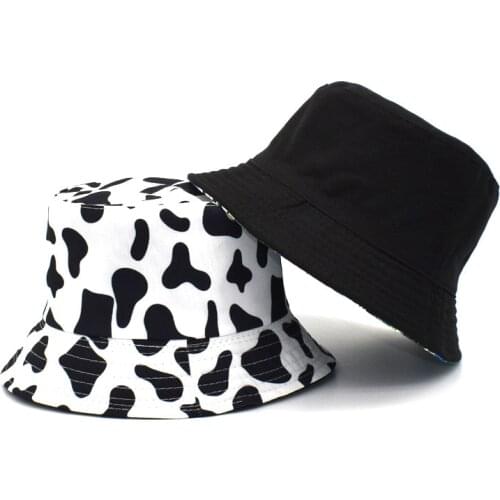 Sparsil Unisex Cow Fruit Print Bucket Hats Women Summer Foldable UV Protect Panama Caps Reversible 2 Side Wearable Fishing Cap