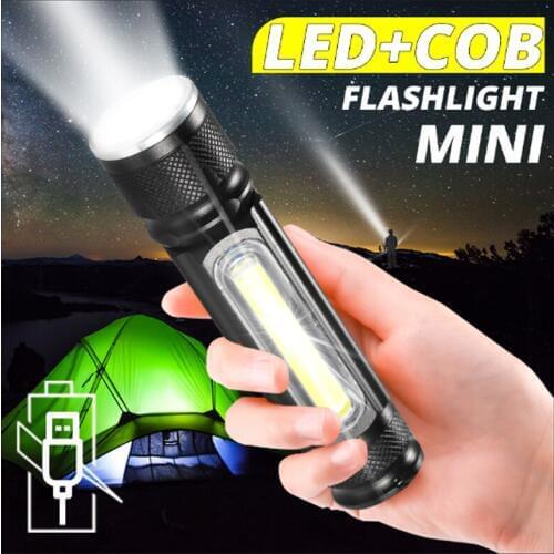 Portable LED Flashlight USB Rechargeable built in battery Powerful T6 +COB zoom torch linterna tail magnet Work Light