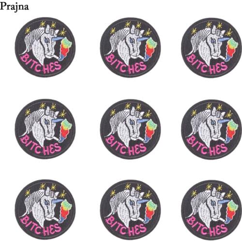 Prajna 10PCS Wholesale Cool Bitches Unicorn Embroidery Patches Hippie Horse Iron On Patches Round Badges For Clothing Ornaments