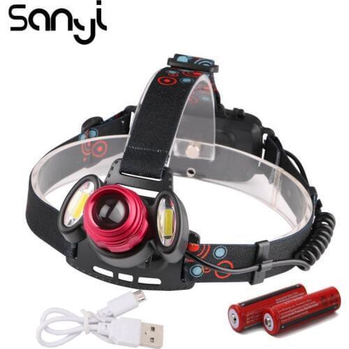 SANYI Strong Bright Headlamp USB Rechargeable 1*T6+2*COB LED Headlight Camping Fishing Light Flashlight Head 2* 18650 Batteries