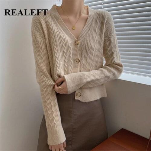 REALEFT 2021 New Womens Sweater Knitting Cardigans Vintage Solid Color Long Sleeve Casual Elegant Ladies Knitted Tops Female