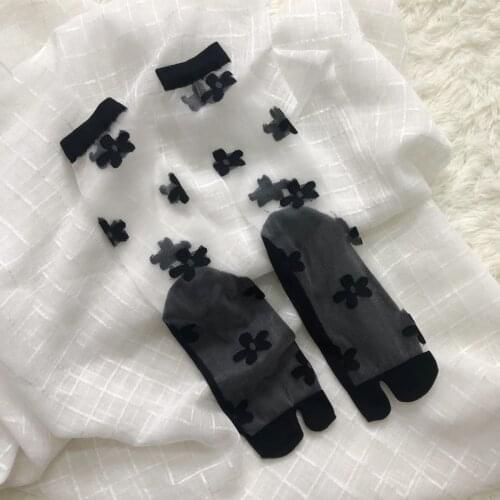Ultra-Thin Crystal Silk Women Toe Socks Summer Hollow Out Cool Sheer Socks Black Flower Jacquard Cute Middle Tube Tabi Socks