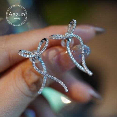 Aazuo 18K Pure White Gold Real Diamonds 0.45ct Full Diamonds Luxury Bowknot Stud Earrings gifted for Women Wedding Party Au750