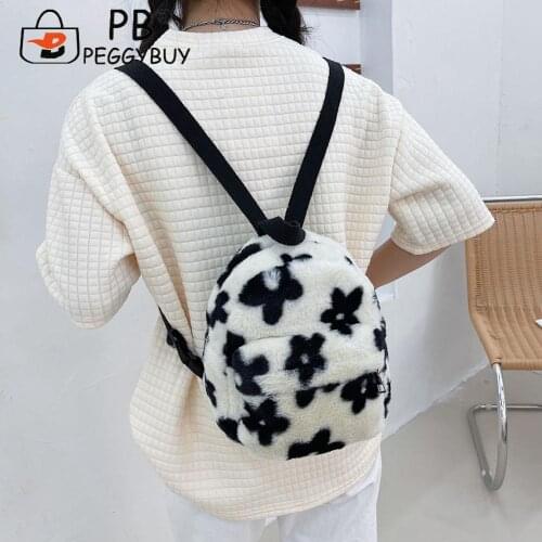 Preppy Style Women Flowers Printing Soft Plush Backpack Casual All-match Zipper Small Shoulder Knapsack Outdoor Travel Handbags