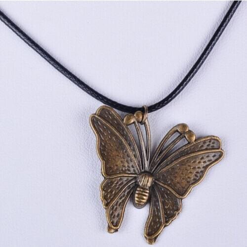 35*31MM Vintage antique bronze metal alloy BUTTERFLY pendant necklace women choker wax cord rope necklace jewelry fashion girl