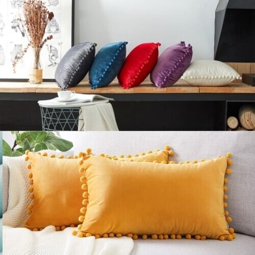 Velvet Waist Throw Pillow with Pompom Solid Color Decorative Cushion Case