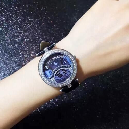 Brand Genuine Leather Watch Lovers Bridge lady cow leather Starry Sky Day and Night Women lover Watch Blue Dial Watches