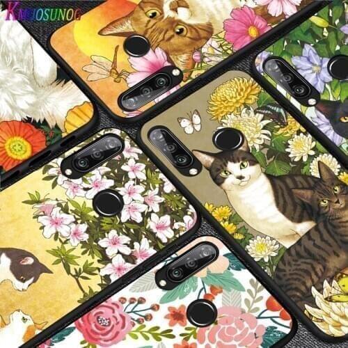 For Huawei P40 P30 P20 Pro Lite E Plus 5G Bright Black Phone Case Flower Cat Art For Huawei P10 P9 P8 Lite Cover