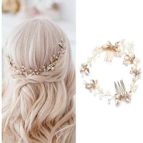 Flower Bride Wedding Hair Comb Leaf Crystal Hair Jewelry Headpieces Pearl Side Combs Bridal Decorative Hair Accessories BN