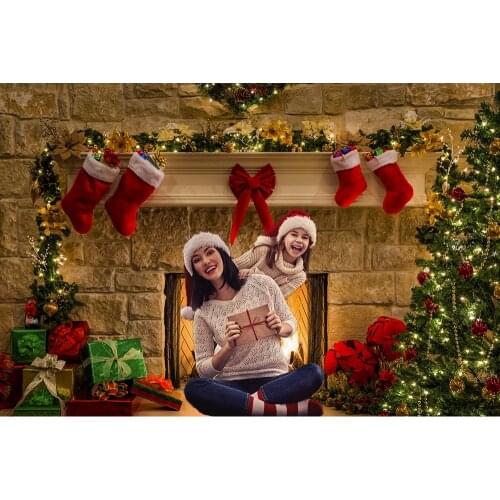 Photography Backdrops Christmas Tree Fireplace Background for Picture Red Socks Xmas Party Decor Family Photo Studio Backdrop