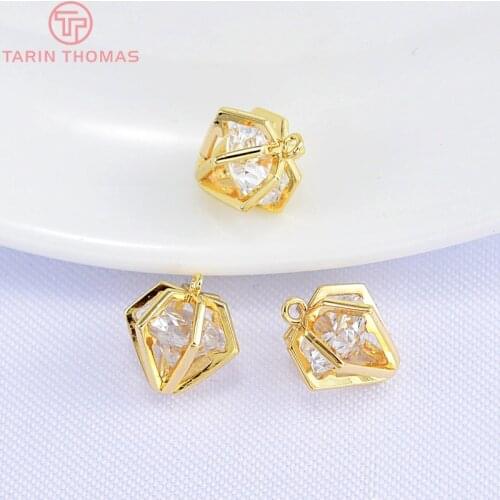 4PCS 12x9MM 24K Gold Color Plated Brass Hollow Zircon with Zircon Pendant Charms High Quality DIY Jewelry Making Findings