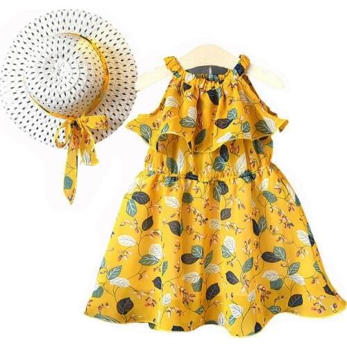 Baby girls summer flower sleeveless dress kids hanging neck bohemian dresses chiffon clothes for childrens send hat