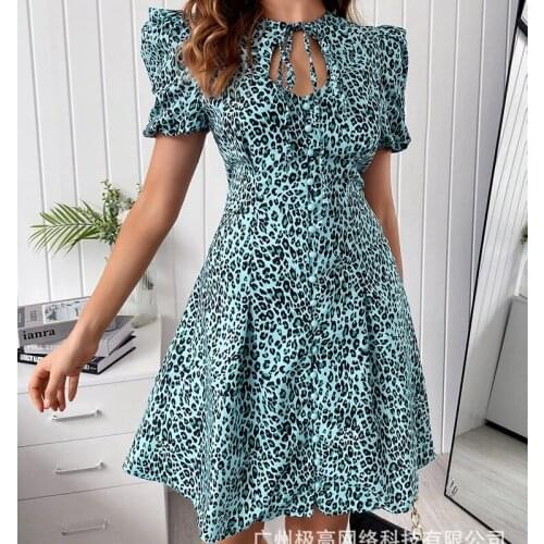 Wepbel Mini Party Dress Blue Leopard Dress Women Summer Print Hollow Puff Sleeve A-line Dress Fashion High Waist Big Swing