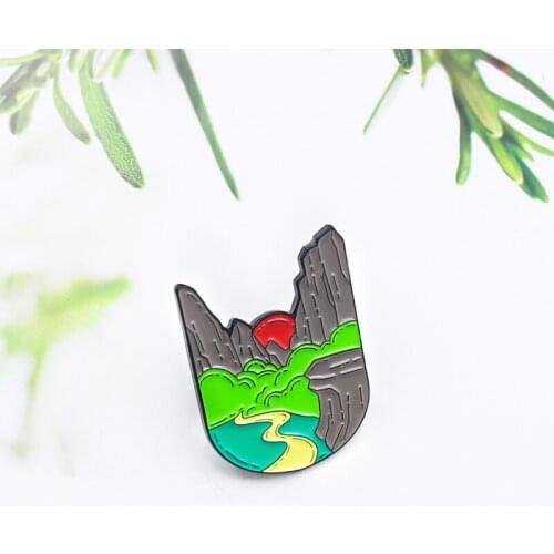 Fashion Creative Mountain Stream Sunset In The Valley Natural Beauty Picture Scroll Alloy Brooch All-match Clothing Accessories