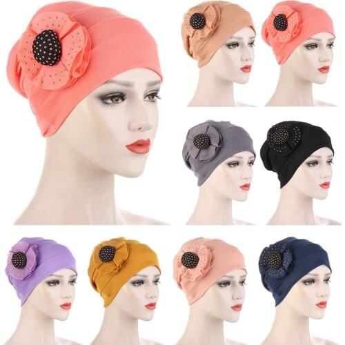 Muslim Women Hijab Hat Flower Turban Rhinestone Bonnet Tube Chemo Cap Cancer Hats Islamic Hair Loss Cover Head Scarf Wrap Beanie