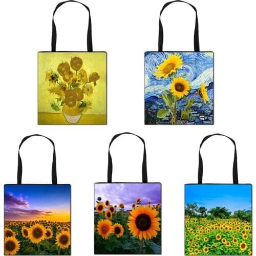 Van Gogh Sunflower Casual Tote Bag Women yellow Sunflower Canvas Shoulder Bag Ladies Fashion Handbag Large Capacity Shopping Bag