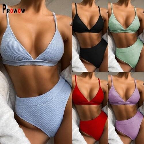 Prowow Solid Women Bikini Set Push Up Bra High Waisted Panty Two Piece Bathing Suits 2021 New Female Swimwear Cute Swimsuit