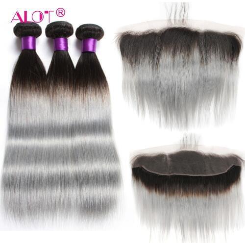 T1B Grey Brazilian Straight Ombre Human Bundles With Lace Frontal 6 Colors Available Human Hair Weaving with Ear to Ear frontal