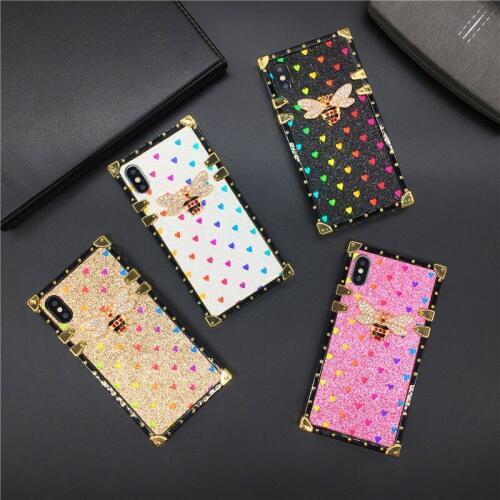 Luxury Brand Bling Bee Case For iPhone 12 X XS Max XR Square Cover Love Heart Phone Cases for iphone 11 PRO MAX 7 Plus 8 6 6S