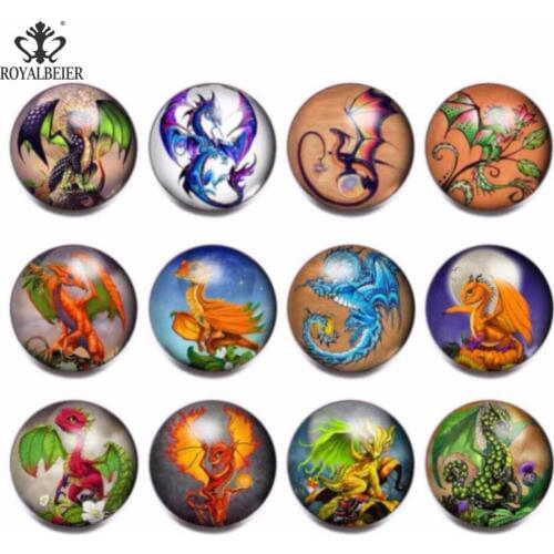 RoyalBeier 12pcs/lot Catroon Dragon Theme Glass Charms 18mm Snap Button Jewelry For 20mm Snaps Bracelet Snap Jewelry KZ0799