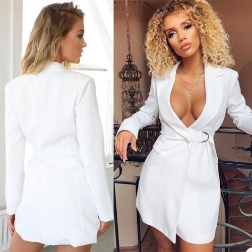 Sexy V Neck Women Dresses Solid Elegant Belt Lace Blazer Skirt 1 Piece Daily Streetwear Office Lady Party Prom Gown