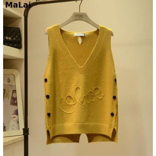 Kawaii Woman Sweaters 2021 Fall V-Neck Vest Womens Button Sleeveless Sweater Femme Chandails Pull Hiver