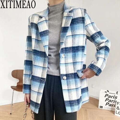 XITIMEAO New Women Casual Woolen Coat Blazer Office Lady Plaid Slim Suit Coat Single Breasted Thickening Ladies Blazers