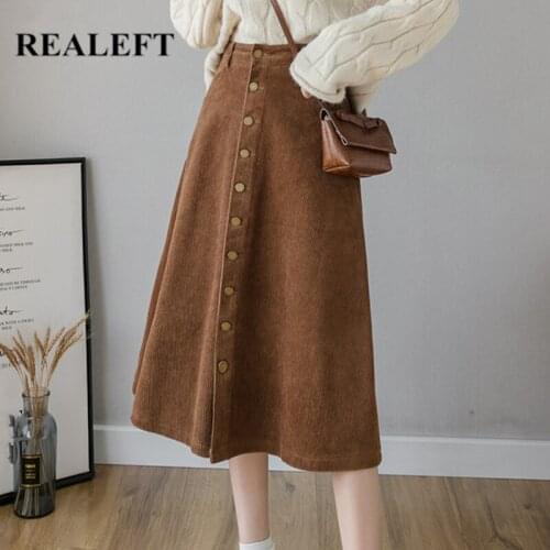 REALEFT Autumn Winter Corduroy Women A-Line Skirts 2021 New High Waist Solid Elegant Single Breasted Umbrella Midi Skirts Female