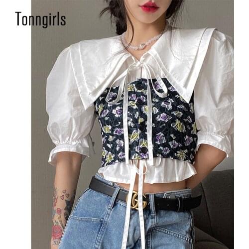 Tonngirls Summer Elegant Floral Blouse Women Y2k Vintage Tops Casual Puff Sleeve Blouse Female Two Piece Suit Party Blouse Shirt
