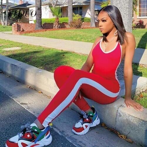 YiDuo 2020 Sleeveless Patchwork Halter Bandage Sexy Jumpsuit Summer Women Streetwear Outfits Jumper Striprd Black Red Sportswear