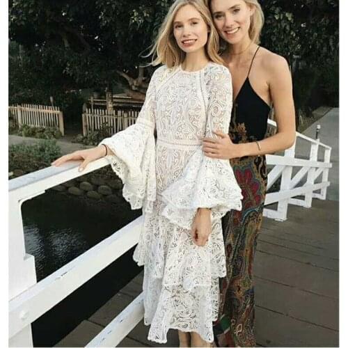 Women White Lace Dress Flared Sleeves Hollow Out Cake Dress Spring Summer Fashion Elegant Sexy Night Out Dresses Ladies Vestidos