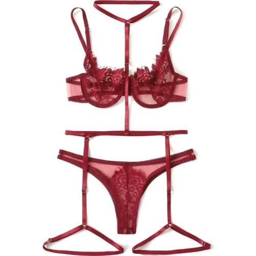 2021 New Sexy Erotic Bra Embroidery Flowers Perspective Lace Mesh Lingerie Underwear for Women Bralette Costumes Thong Bra Sets