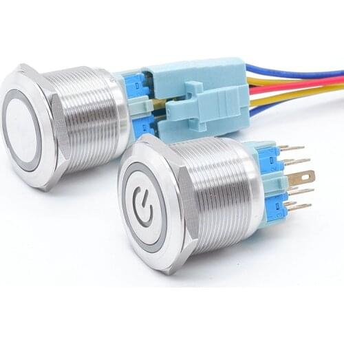 25mm Momentary/Locking Push Button Switch 6V 12V 24V 220V Blue Ring Led Light DPST Metal Industrial Boat Car DIY Power Port Ring
