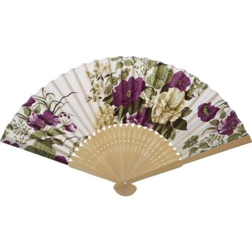 Promotion! Womens Summer Wedding Floral Pattern Fabric Folding Hand Fan White Purple
