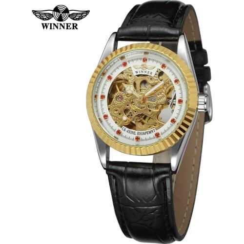 WINNER Top Brand Women Retro Skeleton Auto Mechanical Watch Leather Strap Luxury Golden Red Gem Decoration Ladies Wristwatches