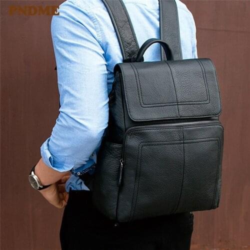 Business simple genuine leather men womens backpacks fashion outdoor computer bagpack black light natural real cowhide bookbag