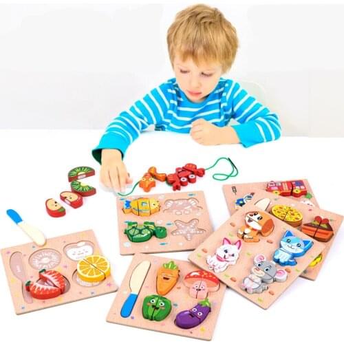 Kids Wooden 3D Puzzle Car Animal Cognitive Cutting Fruits String Bead Building Blocks Toys For Children Pretend Play Kitchen Set