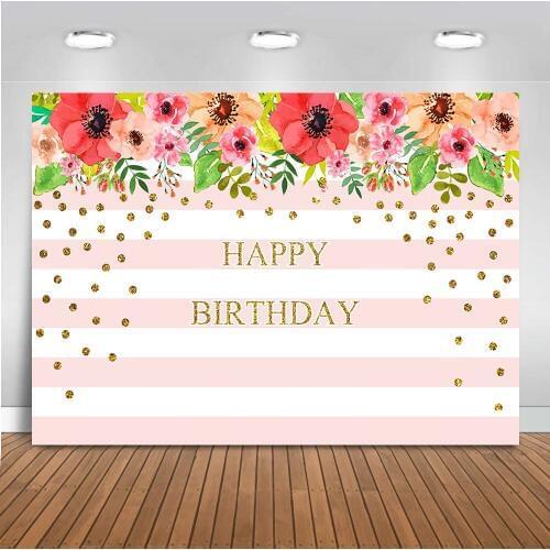 Happy Birthday Backdorp for Photography White and Pink Stripe Photo Booth Background Studio Floral Party Decoration Children