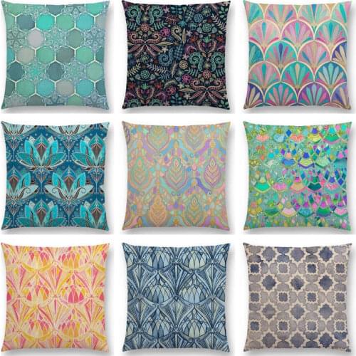 Hot Sale Art Decor Fresco Mediterranean Pattern Lotus Watercolor Patchwork Gorgeous Frosting Geometry Cushion Sofa Throw Pillow