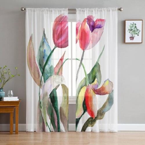 Gouache Bouquet Leaves Plant Art Modern Tulle Curtains for Living Room Bedroom Home Kitchen Window Sheer Curtains