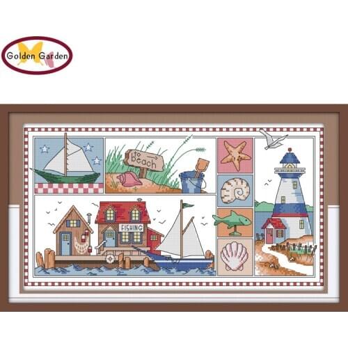 GG Impression of Seaside Counted Cross Stitch Patten 11CT14CT DIY Kits Needlework Embroidery Cartoon Cross Stitch Sets for Kids
