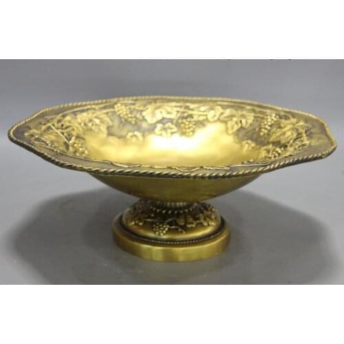 Chinese Folk Brass Copper Home Decoration Grapes Comport Dish Tray Fruit Plate