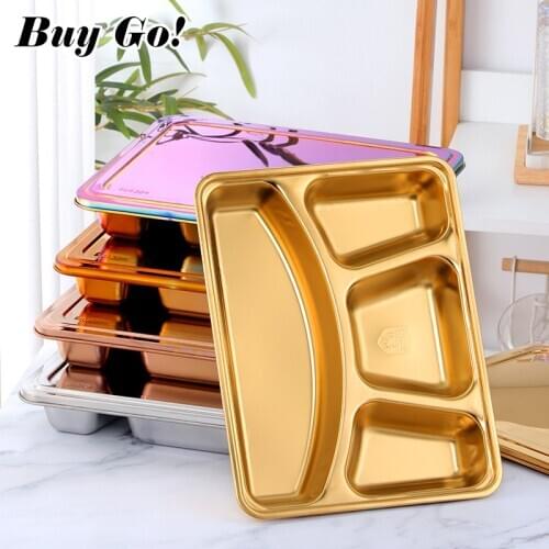 304Stainless Steel Bento Box Divided Plate with Lid for Kids and Adults 4 Compartment Lunch Food Containers Restaurant Tableware