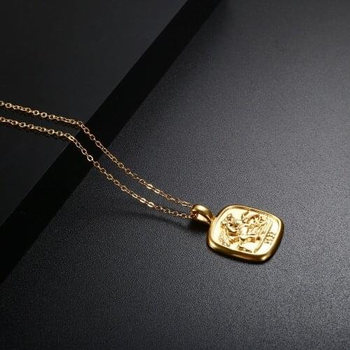 Fashion Vintage Knight Cube Women Men Necklace Casting Geometric Relief Chains Stainless Steel Simple Square Coin Jewelry Gifts