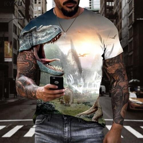 KYKU Dinosaur T-shirt Men Animal Tshirt Printed Forest Shirt Print Landscape T-shirts 3d Short Sleeve Punk Rock New Male Tops