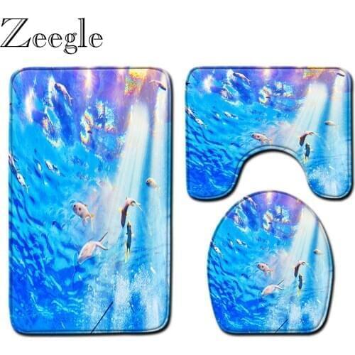 Zeegle 3D Ocean World Printed Bathroom Carpet Set Washable Toilet Cover Mat Anti-slip Bathroom Shower Mat Toilet Cover Seat Mat