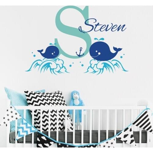 Ocean Style Custom Name Wall Stickers Babys Bedroom Whale Personalized Name Wall Decal Vinyl Kids Interior Nursery Decor W-342